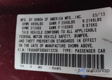 2013 Acura Tl 3.5 from USA, damaged, VIN 19UUA8F56DA013238